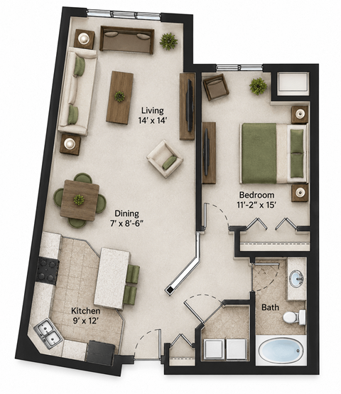 Floor plan for 1 bed, 1 bath, 890 sqft